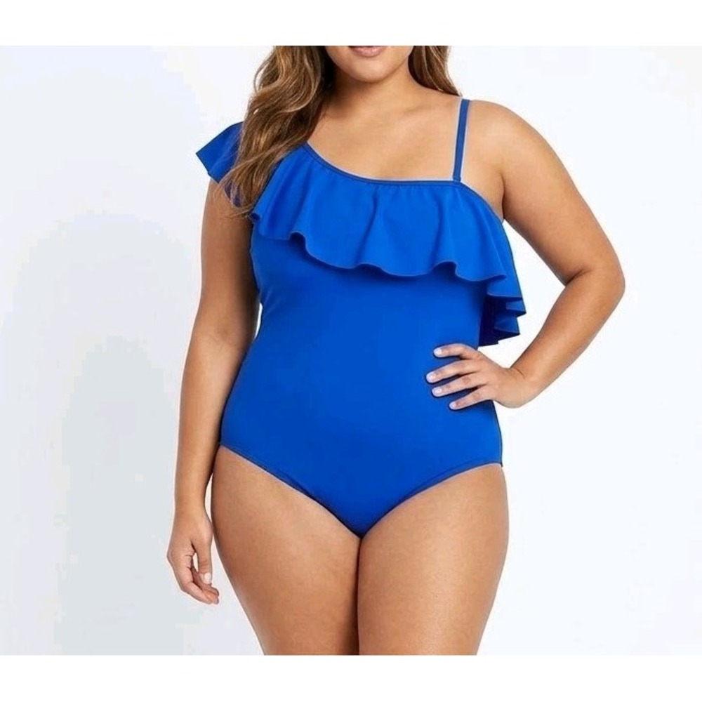 Women's Blue One Piece Swimsuit Solid Ruffle One Shoulder Plus Size 3XL